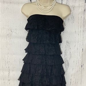 Express Black Strapless fitted mini dress  all over ruffle lace, size XS
